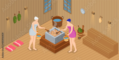 Woman wearing bath towel sits on wooden bench at hot steam sauna. Relaxing and wellness in finnish, russian bath or spa center. Warm therapy female hot steam in sauna bathing character in bathhouse