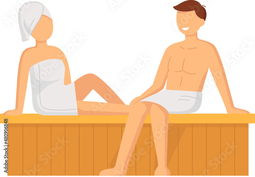 Cartoon people characters taking steam bath together. Flat vector illustration. Woman and man enjoying baths and steam, hammam with sauna whisk. Relax, health, bathhouse concept, wellness procedure