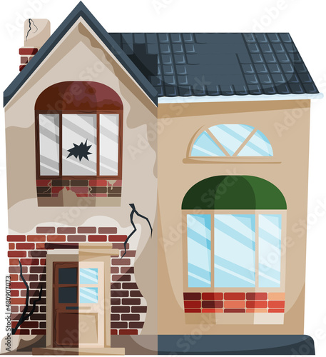 Home renovation, house before and after repair. New and old suburban cottage. Remodel construction. Old run-down house remodeled into cute traditional suburban cottage. Building maintenance service