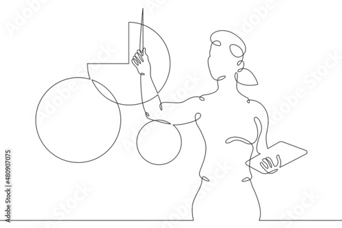 One continuous line.Woman businesswoman speaks at a presentation. A project with graphs and diagrams. Manager scientist teacher tells at the blackboard with a drawing.Continuous line drawing.Lineart i