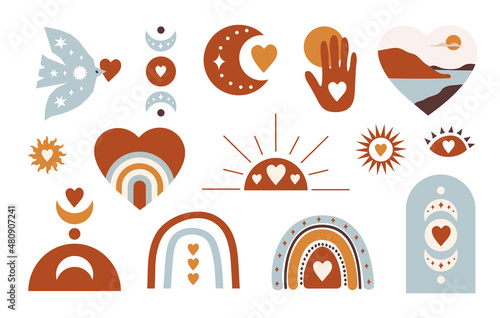 Set of romantic bohemian elements for Valentine's Day isolated on a white background. Modern  vector illustration for decoration