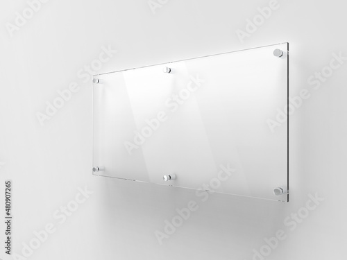 Blank wide transparent glass office corporate Signage plate Mock Up Template, Clear Printing Board For Branding, Logo. Transparent acrylic advertising signboard proportion 1 : 2 mockup side view.