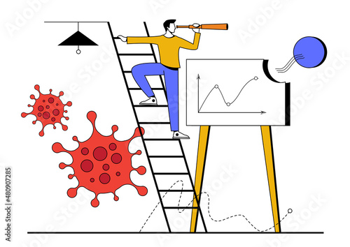 Business vision after Coronavirus COVID-19 pandemic causing financial crisis and economy recession concept. Businessman holding telescope on top of ladder