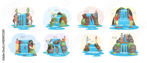 Young people working remotely on nature. Characters communicating through network on laptop. Freelance, work from anywhere in world. Woman and man plan business and solve work issues near waterfall