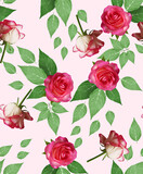 Fashionable feminine decorative stylish digital floral pattern wallpaper photo print with flowers of bright pink roses with green leaves on a trendy light pink background.