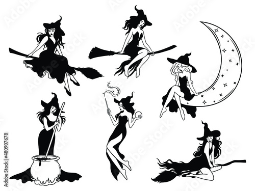 Set of silhouettes witches flying on a broomstick. Collection of sexy mythical characters for Halloween. Magic female in witch hat on moon. Vector illustration of scary personage.  photo
