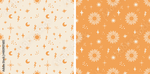 Boho Nursery Pattern Warm Earthy Yellow Sun and stars Motif, Gender Neutral Sky Trendy Design Vector Illustration set