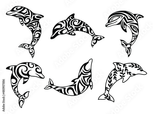 Set of dolphin. Collection of tribal, flower dolphin. Nautical inhabitants. Sea life. Vector illustration on white background.
