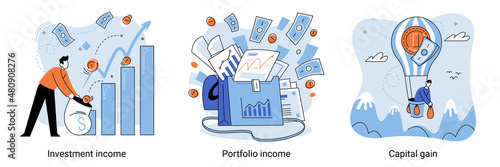 Capital gain, portfolio income, investment income. Investments and bonds, cash flow, money slot, mutual fund, finance abstract metaphor. Money investing, financiers analyzing stock market profit