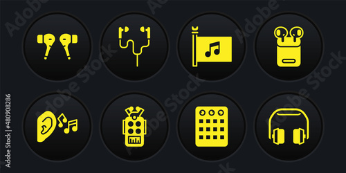 Set Ear listen sound signal, Air headphones in box, Microphone, Drum machine, Music festival flag, Headphones and icon. Vector