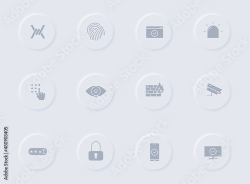 security gray vector icons on round rubber buttons. security icon set for web, mobile apps, ui design and promo business polygraphy