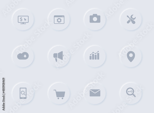 seo gray vector icons on round rubber buttons. seo icon set for web, mobile apps, ui design and promo business polygraphy
