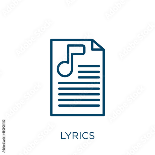 lyrics icon. Thin linear lyrics, play, notes outline icon isolated on white background. Line vector lyrics sign, symbol for web and mobile