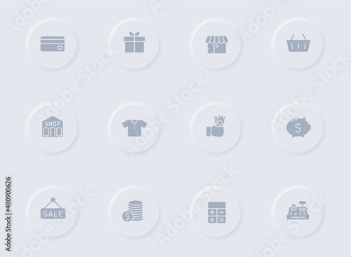 shopping gray vector icons on round rubber buttons. shopping icon set for web, mobile apps, ui design and promo business polygraphy
