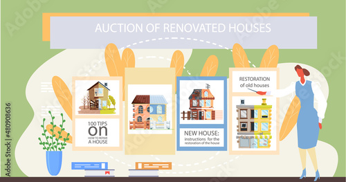 Auction of renovated houses. Before and after creative concept, restoration of old building, home repair. Reconstruction of cottage facade. Building maintenance service, secondary houses market