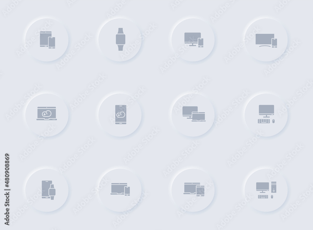 smart devices gray vector icons on round rubber buttons. smart devices icon set for web, mobile apps, ui design and promo business polygraphy smart devices gray vector icons on round rubber buttons. smart devices icon set for web, mobile apps, ui design and promo business polygraphy