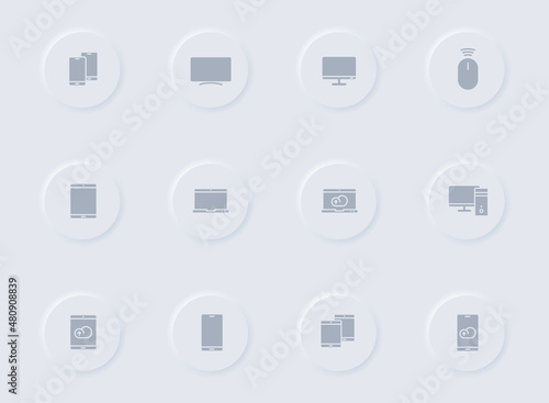 smart devices gray vector icons on round rubber buttons. smart devices icon set for web, mobile apps, ui design and promo business polygraphy