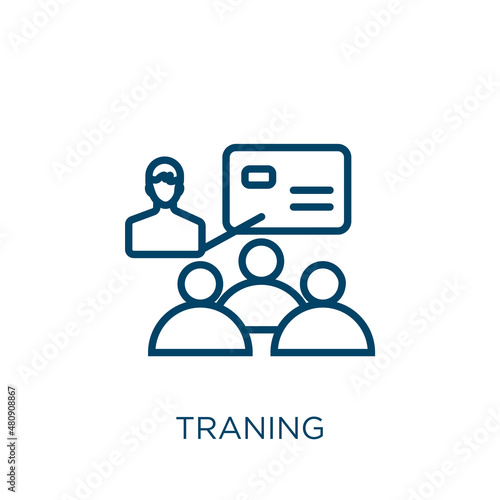 traning icon. Thin linear traning, training, business outline icon isolated on white background. Line vector traning sign, symbol for web and mobile