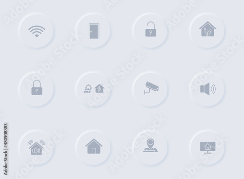smart home gray vector icons on round rubber buttons. smart home icon set for web, mobile apps, ui design and promo business polygraphy