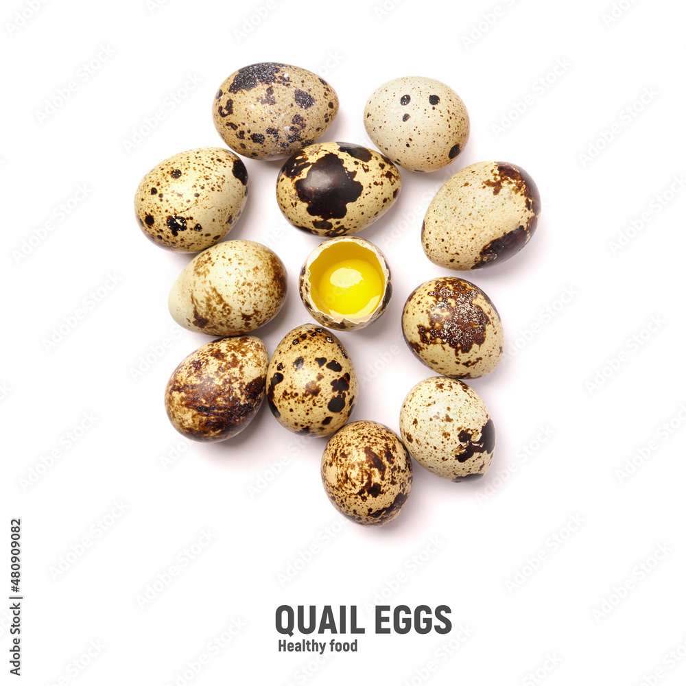 Quail eggs isolated on white background. Healthy food concept. Top view