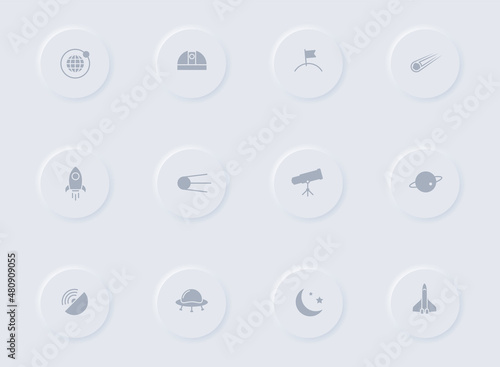 space gray vector icons on round rubber buttons. space icon set for web, mobile apps, ui design and promo business polygraphy