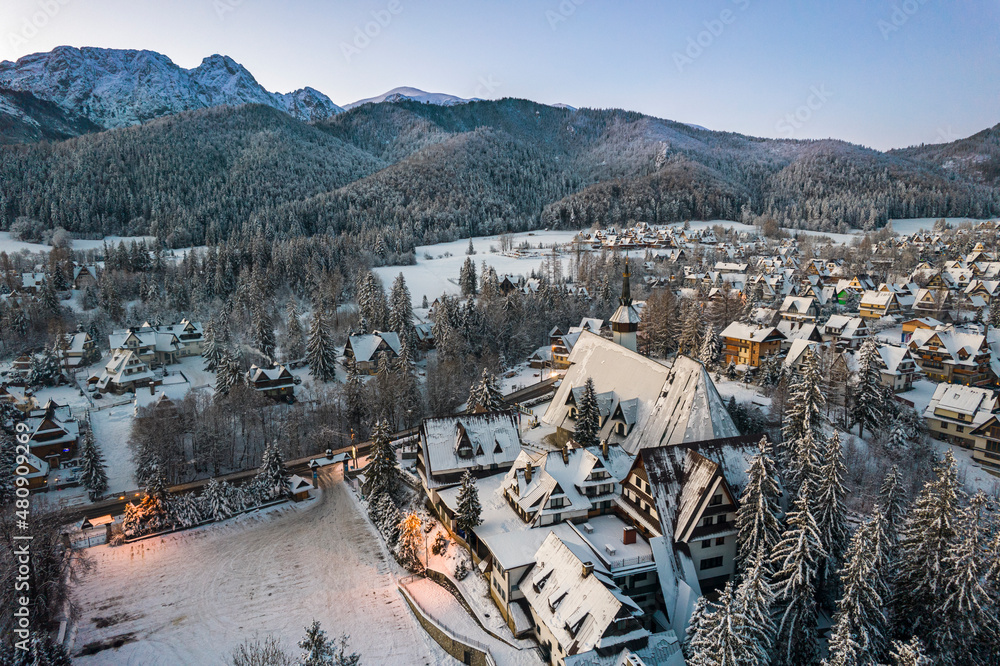 Zakopane Architecture and Giewont Mountain , Drone Winter View