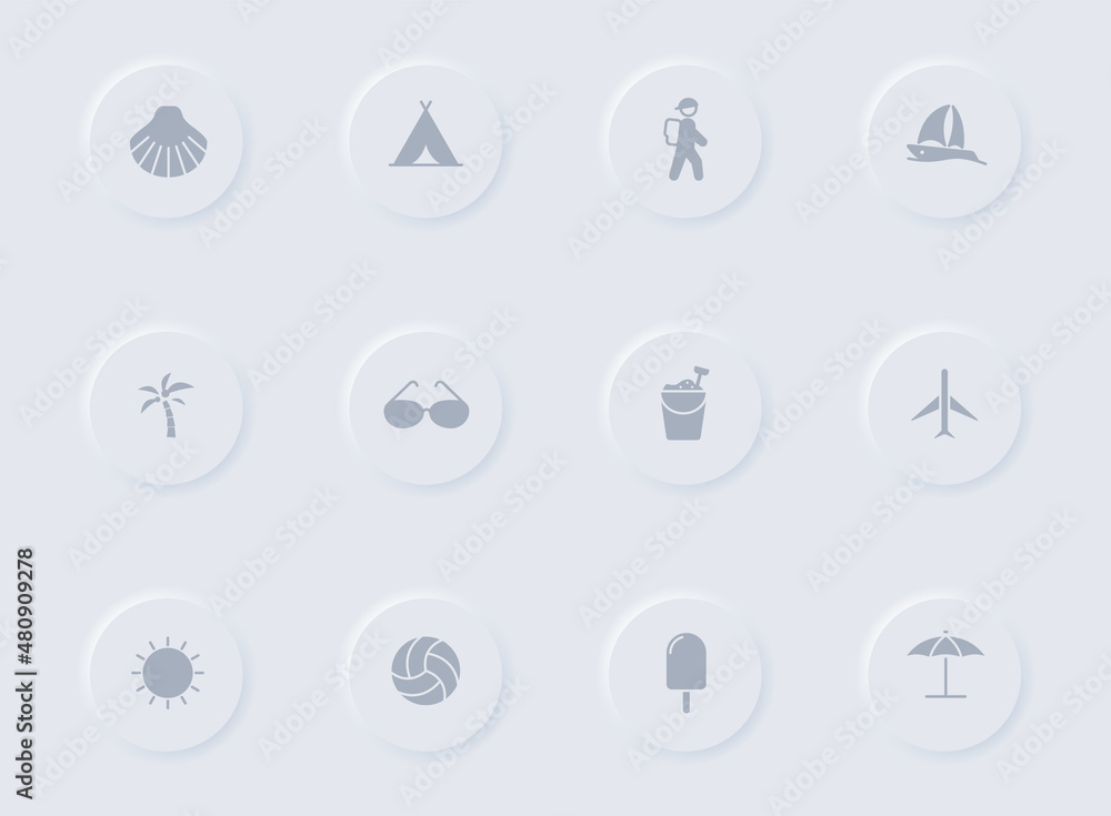 summer gray vector icons on round rubber buttons. summer icon set for web, mobile apps, ui design and promo business polygraphy