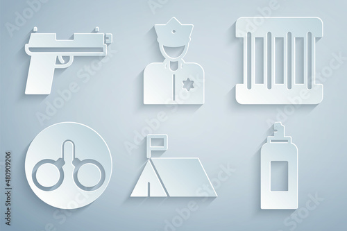 Set Protest camp, Prison window, Handcuffs, Paint spray can, Police officer and Pistol or gun icon. Vector