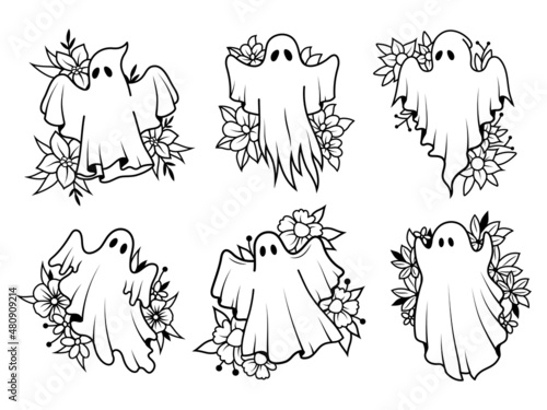Set of silhouettes ghosts. Collection of mystical spirits with flower. Happy Halloween. Floral stylized souls. Vector illustration of magical creatures.