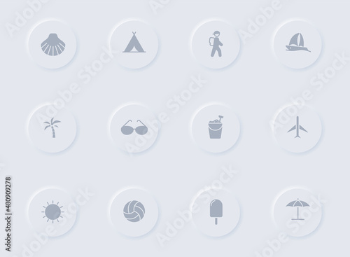 summer gray vector icons on round rubber buttons. summer icon set for web, mobile apps, ui design and promo business polygraphy