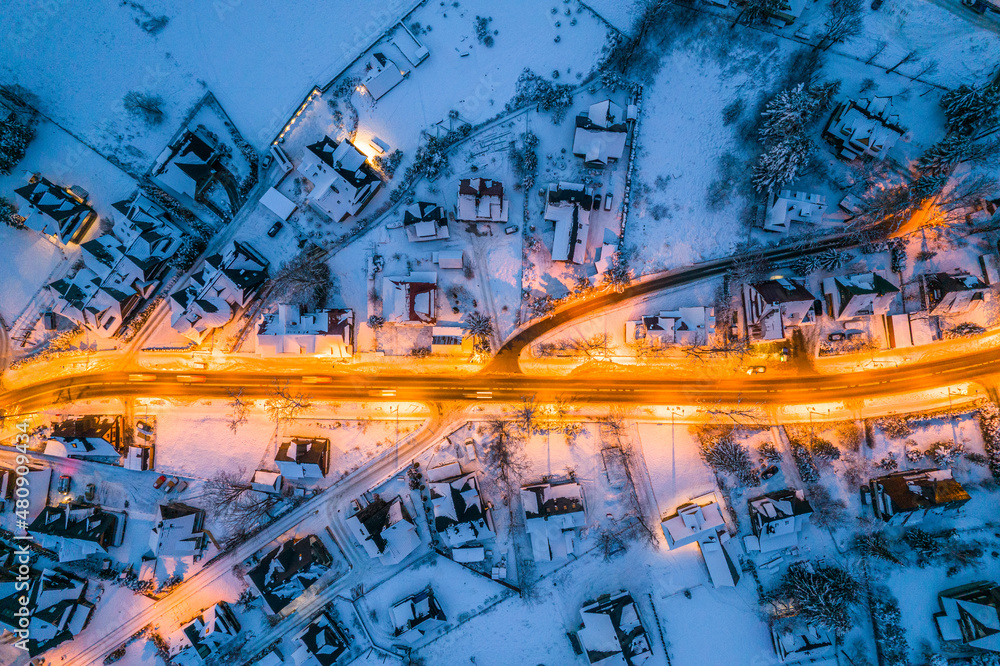 Illuminated Street in Winter Zakopane Town. Top Down Drone View