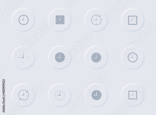 time clock gray vector icons on round rubber buttons. time clock icon set for web, mobile apps, ui design and promo business polygraphy