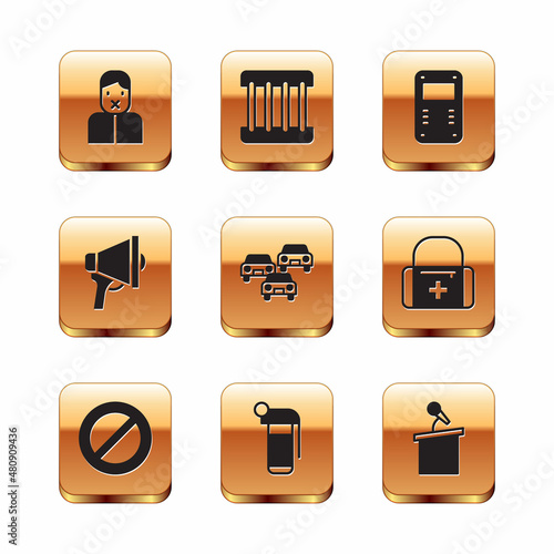 Set Censor and freedom of speech, Ban, Hand grenade, Traffic jam, Megaphone, Police assault shield, Stage stand tribune and Prison window icon. Vector
