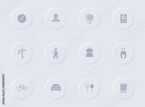 travel gray vector icons on round rubber buttons. travel icon set for web, mobile apps, ui design and promo business polygraphy