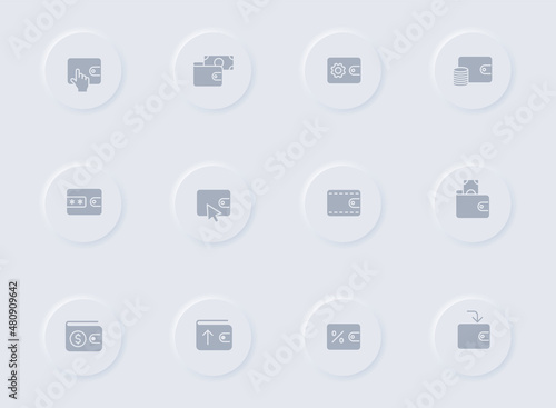 wallet gray vector icons on round rubber buttons. wallet icon set for web, mobile apps, ui design and promo business polygraphy