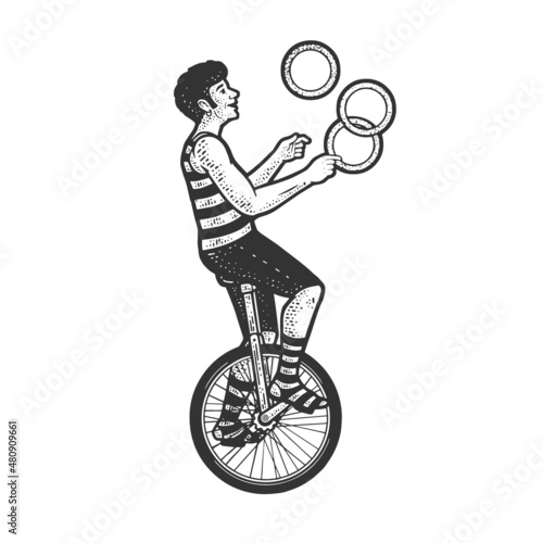 Juggler circus on unicycle sketch engraving vector illustration. T-shirt apparel print design. Scratch board imitation. Black and white hand drawn image.