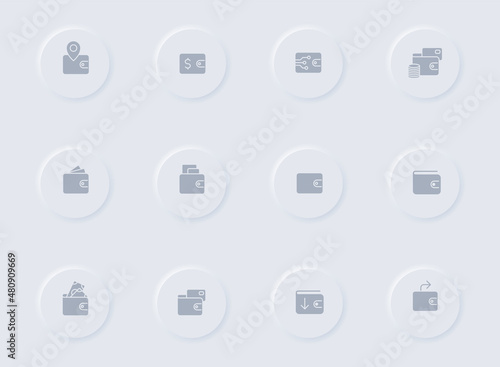 wallet gray vector icons on round rubber buttons. wallet icon set for web, mobile apps, ui design and promo business polygraphy