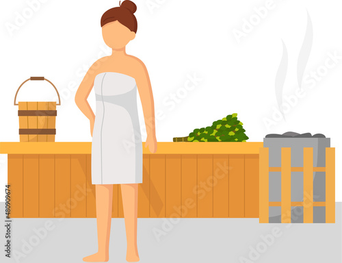 Woman wearing bath towel sits on wooden bench at hot steam sauna. Relaxing and wellness in finnish, russian bath or spa center. Warm therapy female hot steam in sauna bathing character in bathhouse