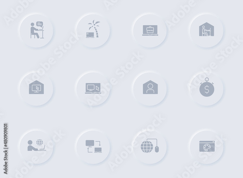 work at home gray vector icons on round rubber buttons. work at home icon set for web, mobile apps, ui design and promo business polygraphy