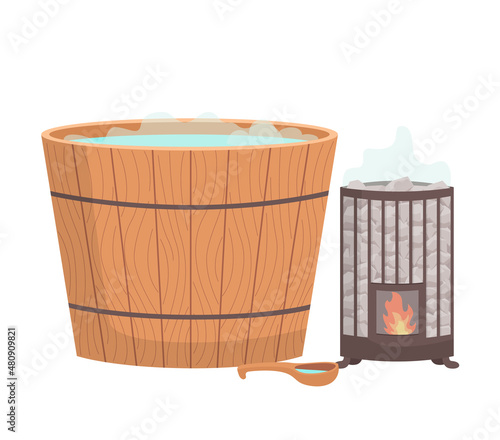 Wooden tub for bath. Pot, bucket with hot water and oven with fire. Sauna water basin icon. Bathhouse element bathtube. Wellness spa procedures in wooden water barrel. Skin care, body care therapy