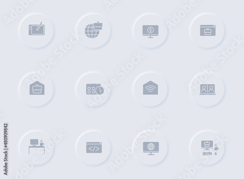 work at home gray vector icons on round rubber buttons. work at home icon set for web, mobile apps, ui design and promo business polygraphy