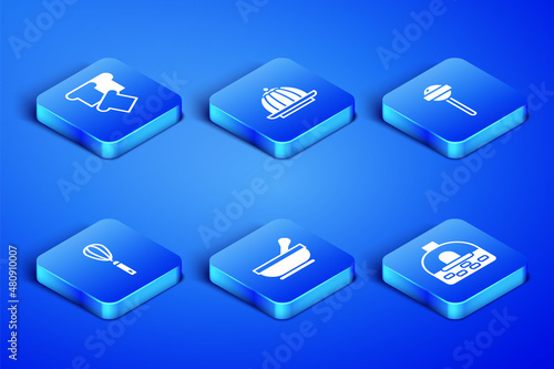 Set Brick stove, Bread toast, Mortar and pestle, Kitchen whisk, Pudding custard and Lollipop icon. Vector