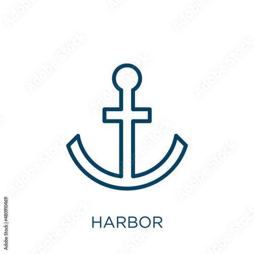 harbor icon. Thin linear harbor, ship, port outline icon isolated on white background. Line vector harbor sign, symbol for web and mobile