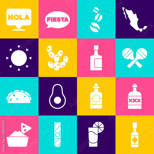 Set Tabasco sauce, Tequila bottle, Maracas, Coffee beans, Cactus, Sun, Hola and icon. Vector