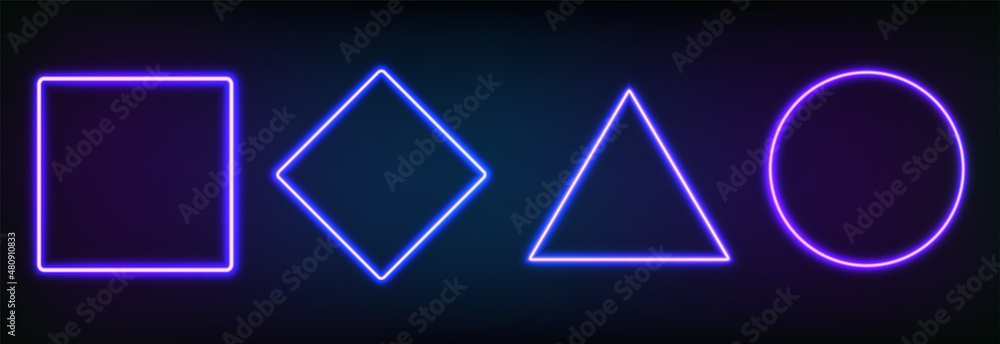 Realistic set of neon frames different geometric shapes with led backlighting .Glowing fluorescent border isolated on dark background. Bright illuminated shape of rectangle, square, circle and rhombus Realistic set of neon frames different geometric shapes with led backlighting .Glowing fluorescent border isolated on dark background. Bright illuminated shape of rectangle, square, circle and rhombus