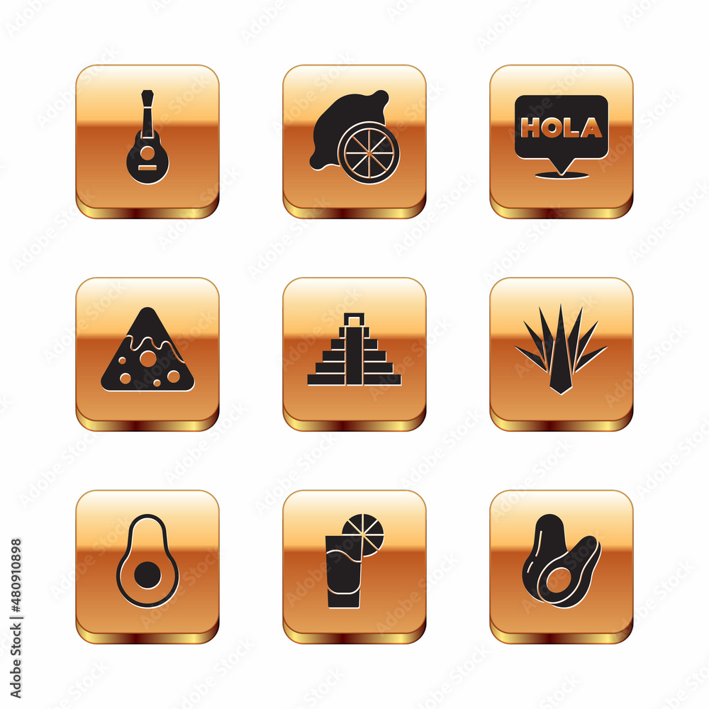 Set Mexican guitar, Avocado fruit, Tequila glass with lemon, Chichen Itza in Mayan, Nachos, Hola, and Lemon icon. Vector Set Mexican guitar, Avocado fruit, Tequila glass with lemon, Chichen Itza in Mayan, Nachos, Hola, and Lemon icon. Vector