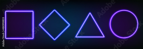 Realistic set of neon frames different geometric shapes with led backlighting .Glowing fluorescent border isolated on dark background. Bright illuminated shape of rectangle, square, circle and rhombus
