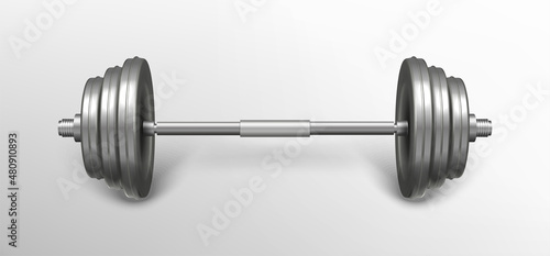 Metal realistic fitness barbell. Gym exercise equipment for bodybuilding training isolated on grey background. Silver iron sport object for weightlifting workout. Powerlifting gear for strong muscles.