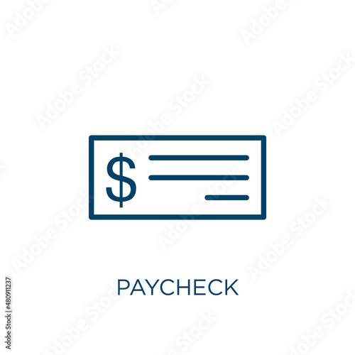 paycheck icon. Thin linear paycheck, business, check outline icon isolated on white background. Line vector paycheck sign, symbol for web and mobile