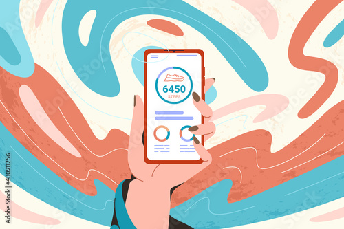 Hand woman hold mobile phone with pedometer or fitness tracker. Step counter app on smartphone flat vector illustration. Sensor to count steps and track daily walking progress on device screen. photo